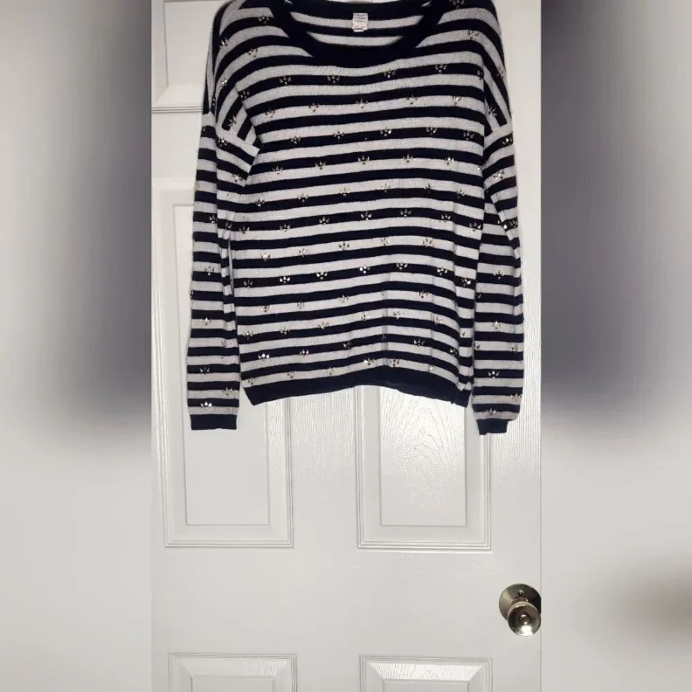 Maison Jules M 100% CASHMERE NauticalStripedWhiteBlack GoldAccent Women Sweater